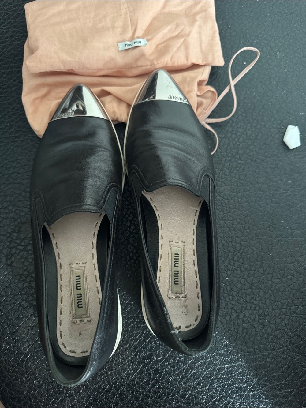 Miu Miu Black Leather Slip-On Flats with Silver Cap Toe Detail